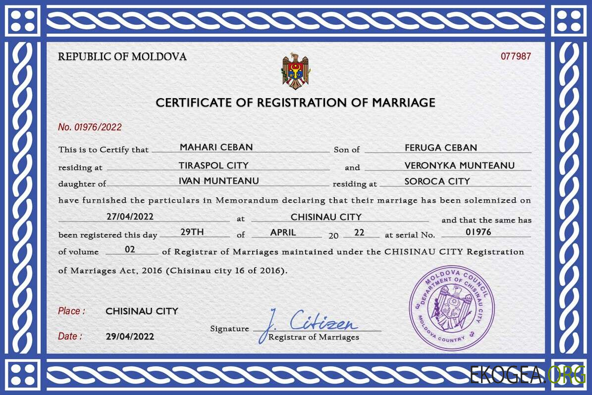 Modèle PSD de certificat de mariage en Moldavie